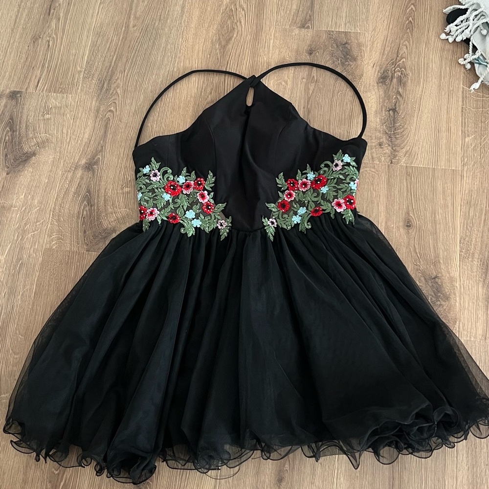 Blondie Nites Black and Pink Embellished Tiered Babydoll Dress